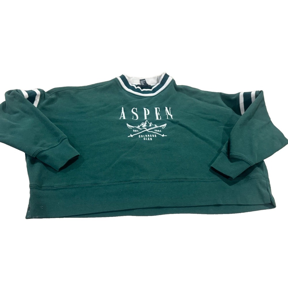 Forever 21 Aspen Colorado Club Cropped Sweatshirt Green Striped Women's M